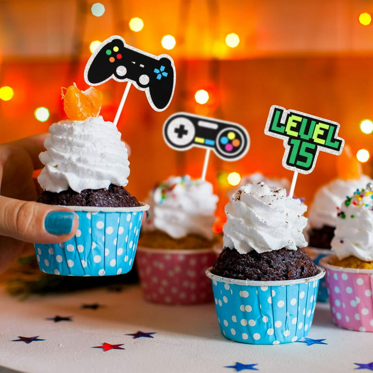 18pcs Video Game Cupcake Toppers - Gaming Level Up 10 Party Glitter  Controller Cupcake Toppers Supplies - Boy's 10th Birthday Game On Party  Dessert Picks Decorations 
