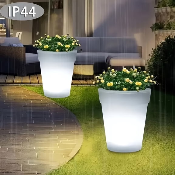 2pcs Outdoor Solar LED Planter - Modern Round Lighted Plant Pot for Garden, Balcony, and Patio Decoration