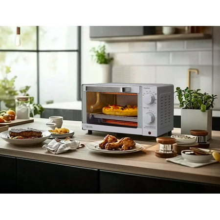 Mainstays 4 Slice Countertop Toaster Oven with 3 Settings, Includes Baking Rack and Pan, Arctic White, New