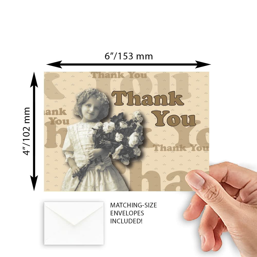 Vintage Girl & Roses Thank You Blank Note Greeting Cards | 20 Pack Bulk Set (4X6)