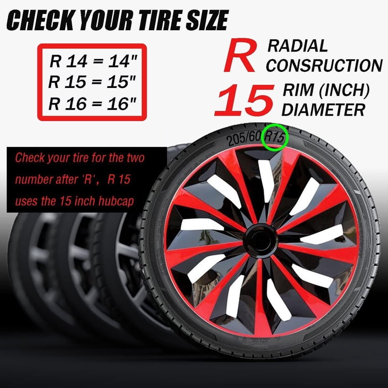 TFS 15 Inch Premium Hubcaps Wheel Covers For Grail #53 – 4 Pack, Red And Black Design, Made In Germany