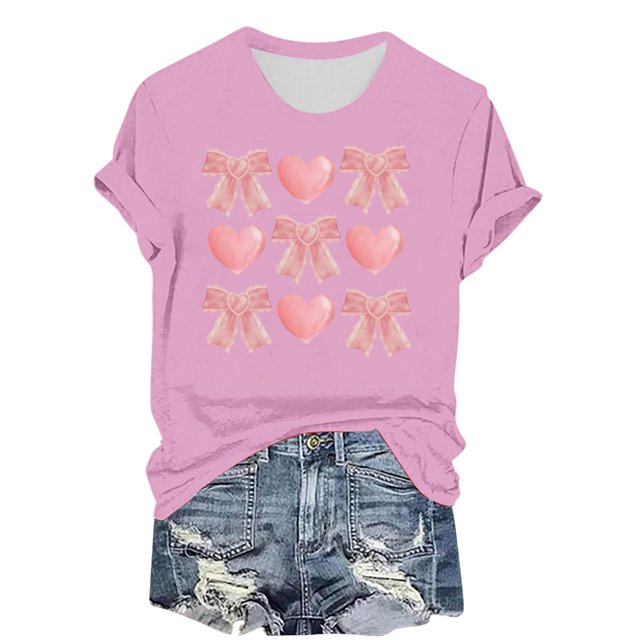 Hyknon Hauts pour Femmes Été Saint-Valentin Imprimé Manches Courtes Col Rond Haut/chemise Pull Doux Polyvalent pour Sortir