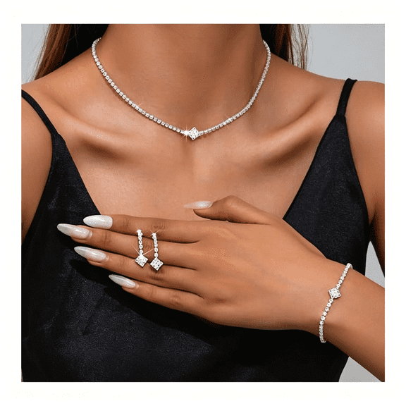 DESIGNICE Silver Bridal Wedding Jewelry Set Sparkly Rhinestone Necklace Earrings Bracelet Sets Formal Costume Jewelry for Women and Brides