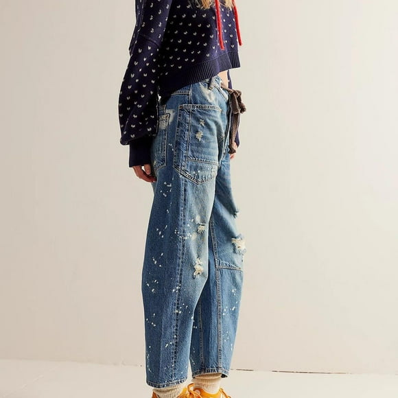 Baodmurt Women's Jeans, Mid Barrel Wide Leg Mid Waist Cropped Denim Y2k Baggy, Blue XS-3XL