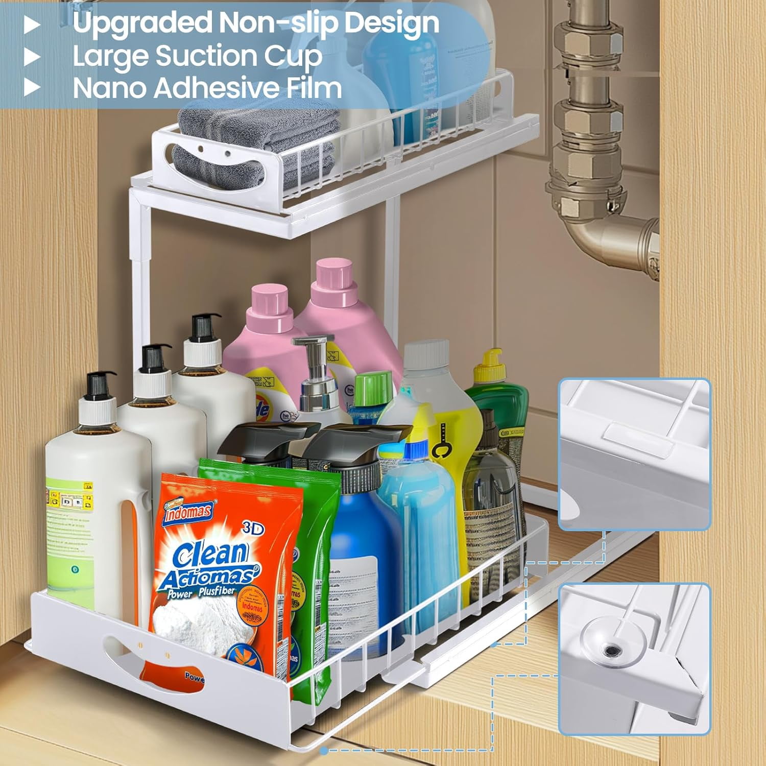 2 Pack Under Sink Organizer,Two Tier Sliding Kitchen Organization and Storage, Multi-Use Under Sink Organizer for Kitchen Bathroom Pantry Cabinet Closet,White