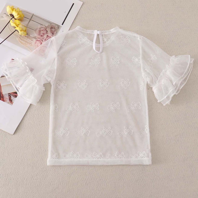 ZACPNCV Girls Mesh Ruffle Short Sleeve Top Summer Casual See
