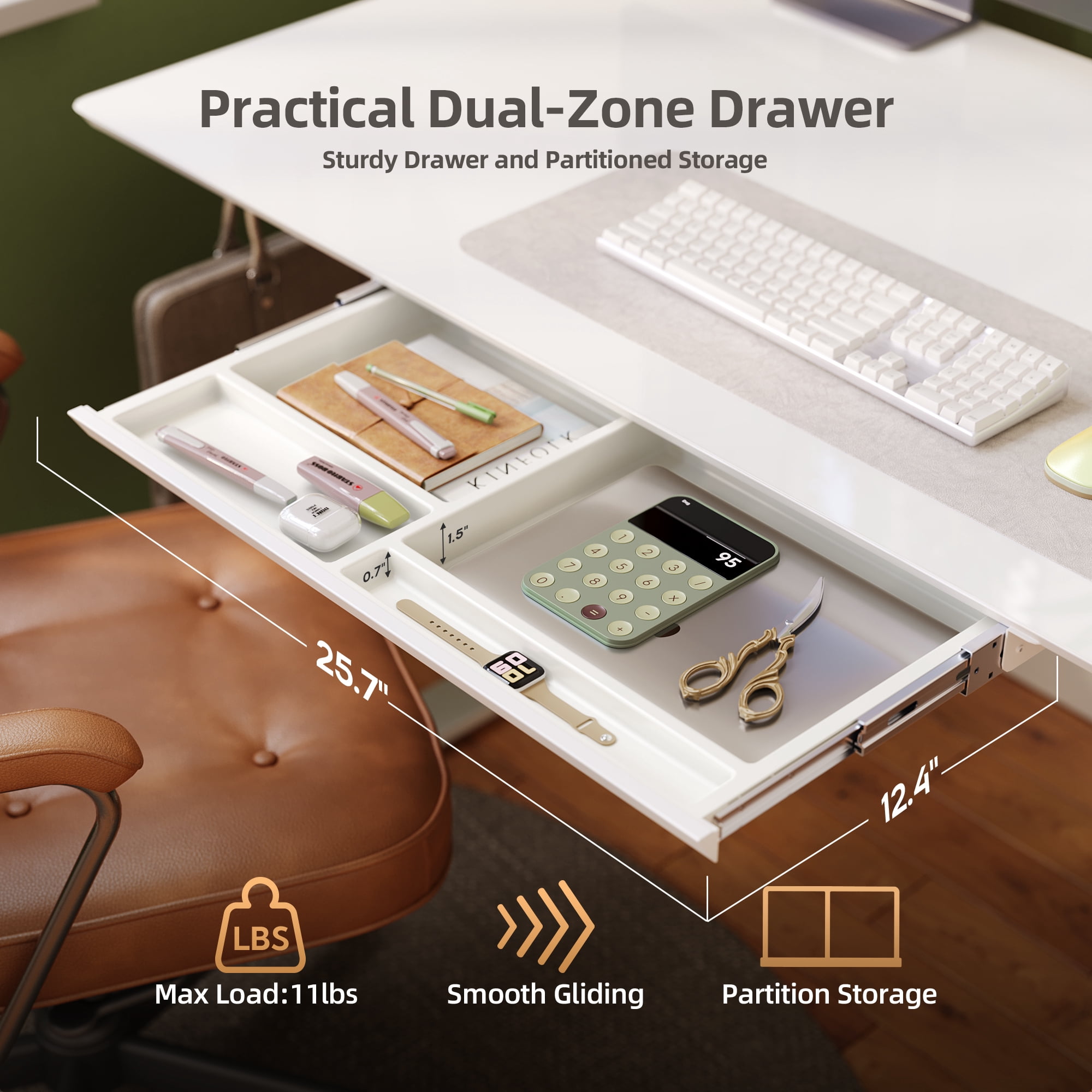 INNOVAR Glass Writing Desk,Electric Standing Desk with Drawers - 40×24 inch Tempered Glass Top Sit and Stand Adjustable Height Home Office Study Desk - Whole-Piece Stand up Desk, Super White