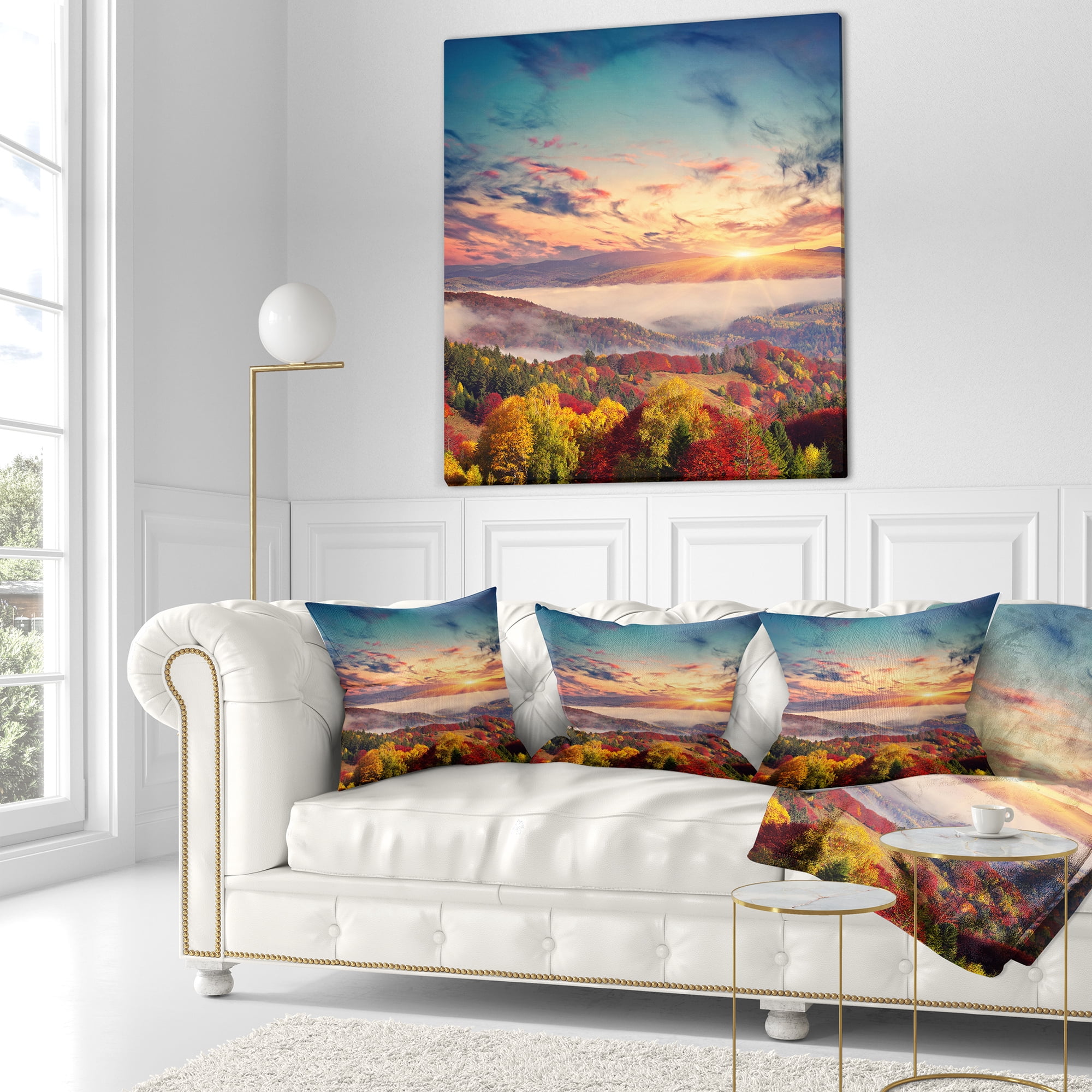 Designart Colorful Sunset in Foggy Mountains - Landscape Printed Throw Pillow - 18x18