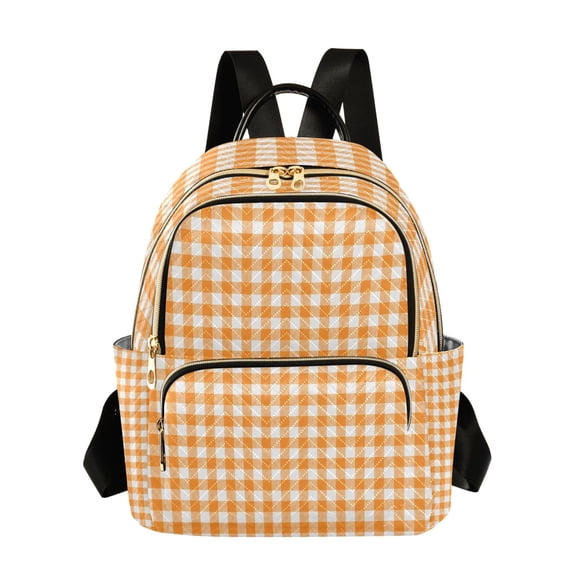 Qxltty Quilted Backpack for Women, Orange Checkered Travel Daypack with Front Pocket for Casual Daily Use