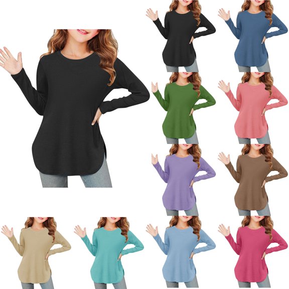 SROBPTY Little Girls Shirts Solid Crew Neck Long Sleeve Side Slit Everyday Tops for 3-10Y