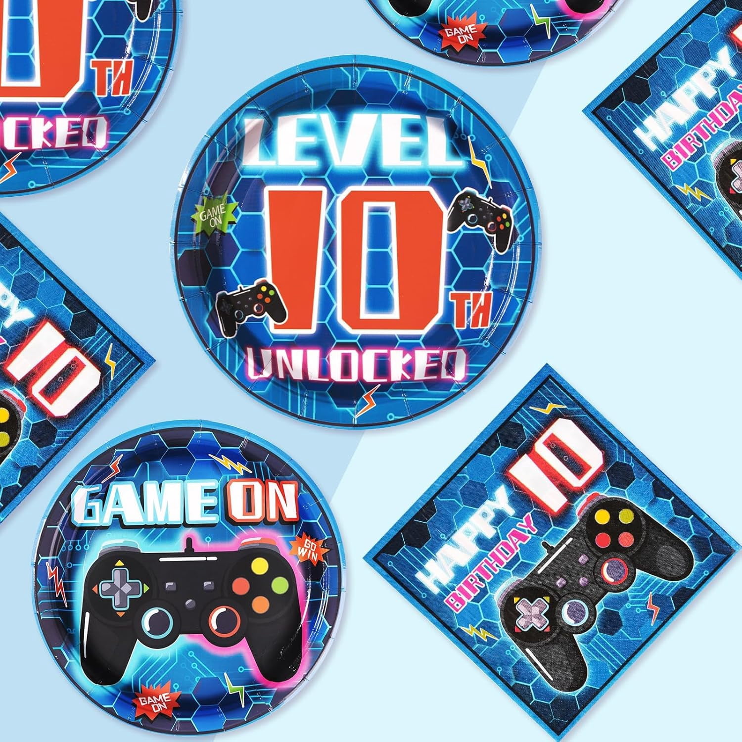 96 Pcs 10th Video Game Birthday Party Decorations Blue Video Game Level 10 Birthday Plates and Napkins Tableware Sets for Kids Boys 10 Years Old Gamer Gaming Party Supplies Favors Serves 24