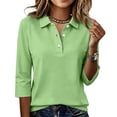 thumbnail image 2 of Women Three Quarter Sleeve Collared Button Polo Shirts Solid Color Loose Casual Office Daily Tops S, 2 of 5
