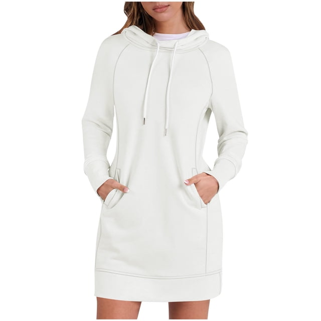 ameIAEA Sweatshirt Dress Women Long Sleeve Hooded Drawstring Solid Color Mini Dress with Pockets
