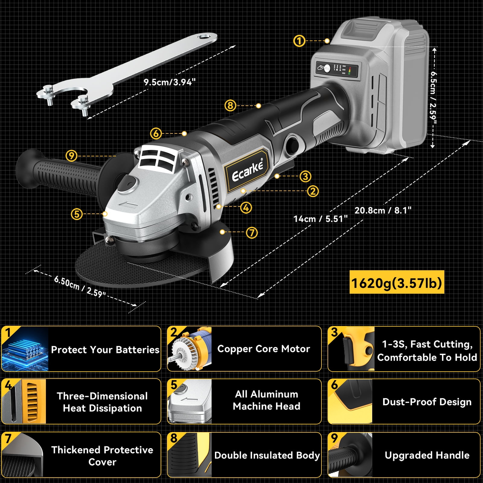 Cordless Angle Grinder for DeWALT 20v Battery: 8500RPM Brushless Grinder Tool- 5/8''-11 Spindle Small Angle Grinder for 4-1/2'' Wheels, 3 Variable Speed Settings for Cutting, Grinding, Bare Tool