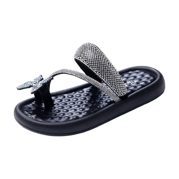 Fesfesfes Big Kid Girls Spring Summer Sandals,Solid Color Open Toe Slide Slippers, Rhinestone Bow Fashion Outdoor Flat Shoes,Soft Sole Versatile Casual Daily Wear Sandals