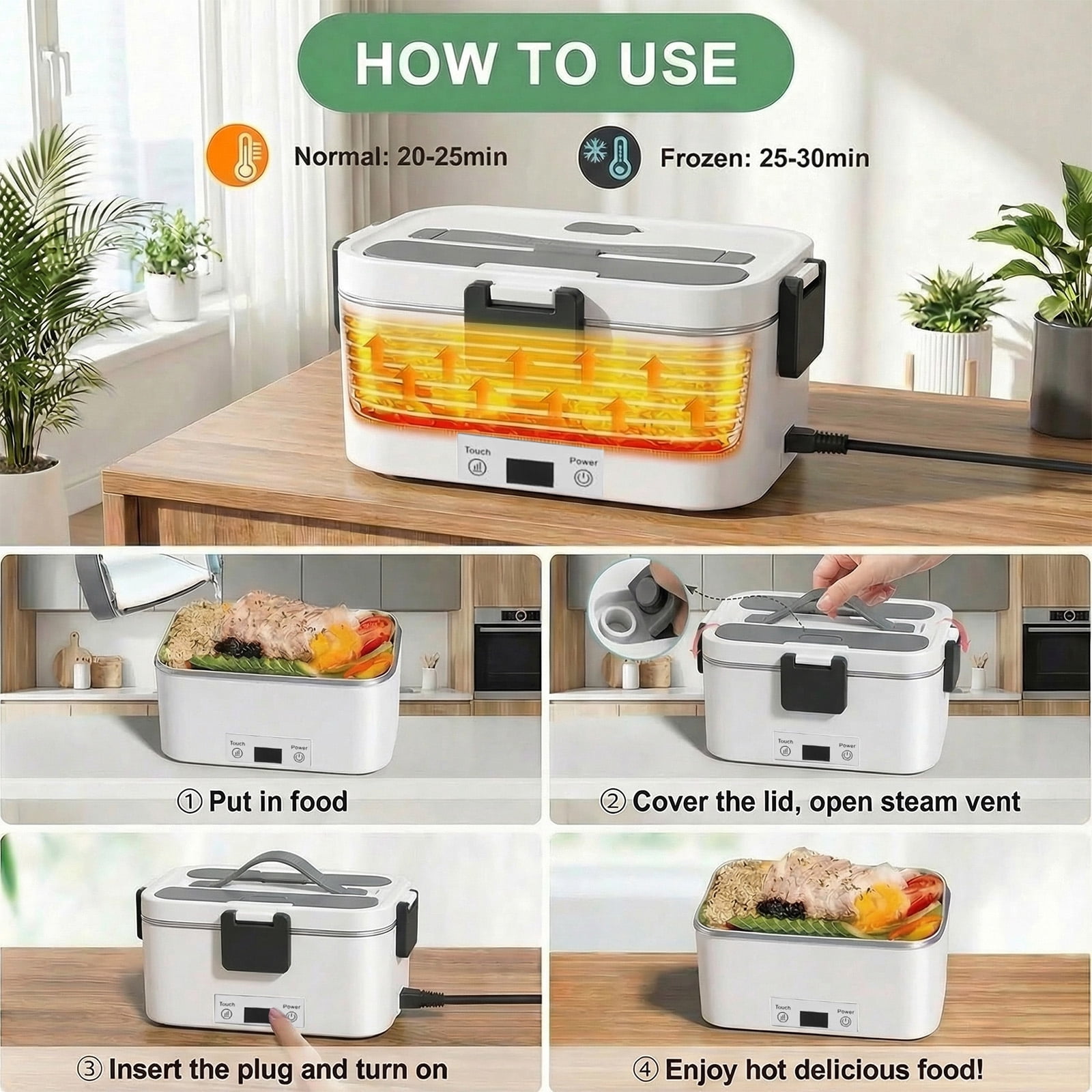 Electric Lunch Box Food Heater, Upgrade 100W High Power Portable Food Warmer, Heated Lunch Box for Adults Car/Home with 2L Removable Stainless Steel Container, 12V/24V/110V/220V,White