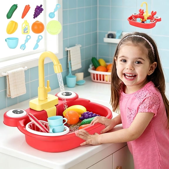 Qocolcyl Frog Shaped Running Water Play Sink Toy,Auto Circulating Water Simulation Fruit Vegetable Tableware Kit,Pretend Kitchen Washing Playset Water Game Toy Gift for Toddlers Girls Boys Christmas