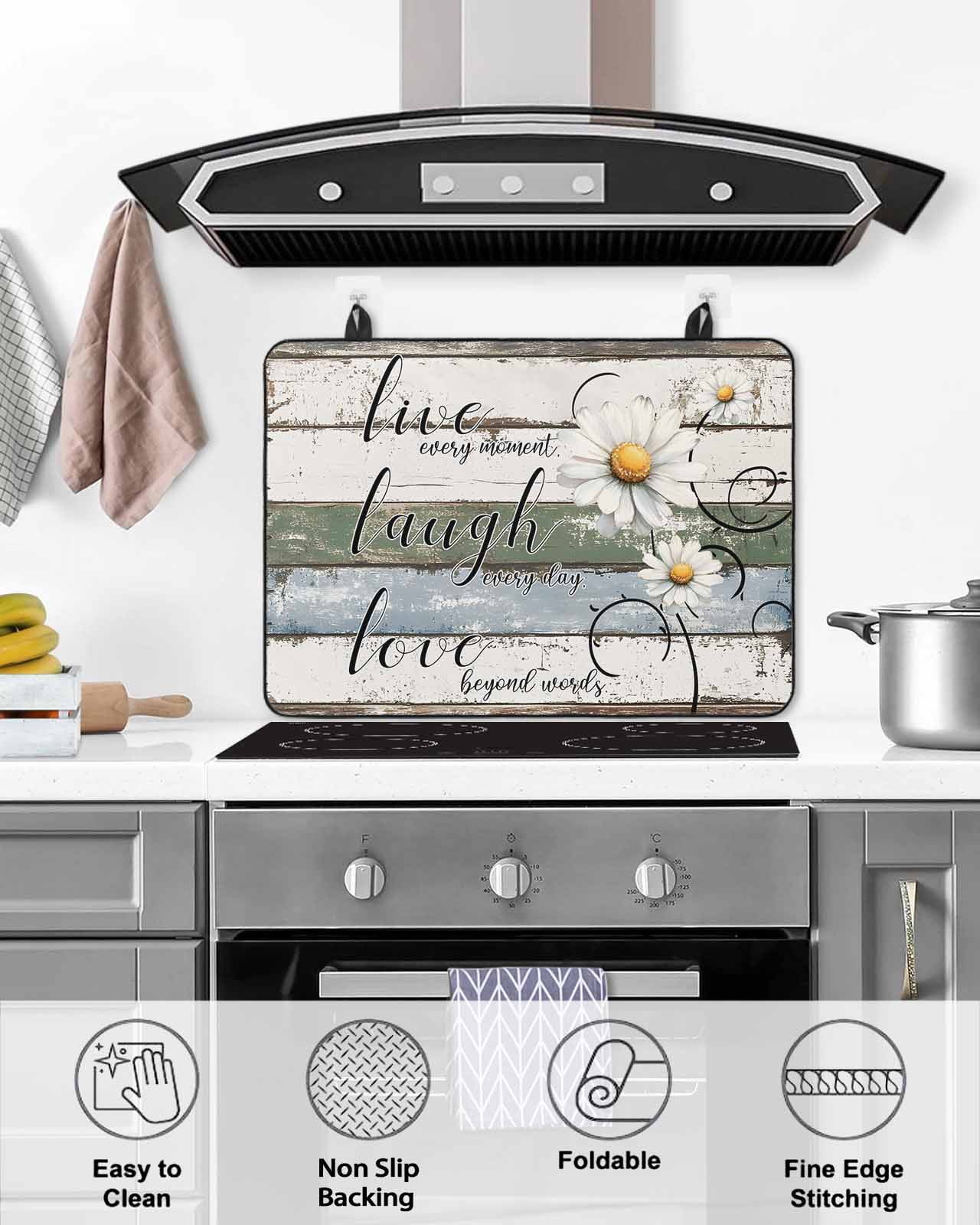 nqOlkjepod Large Induction Cooktop Protector Mat 24"x21", White Green Blue Stove Top Covers for Electric Stove, Vintage Wooden Rustic White Daisy Floral Stove Burner Cover Mats Stove Cover