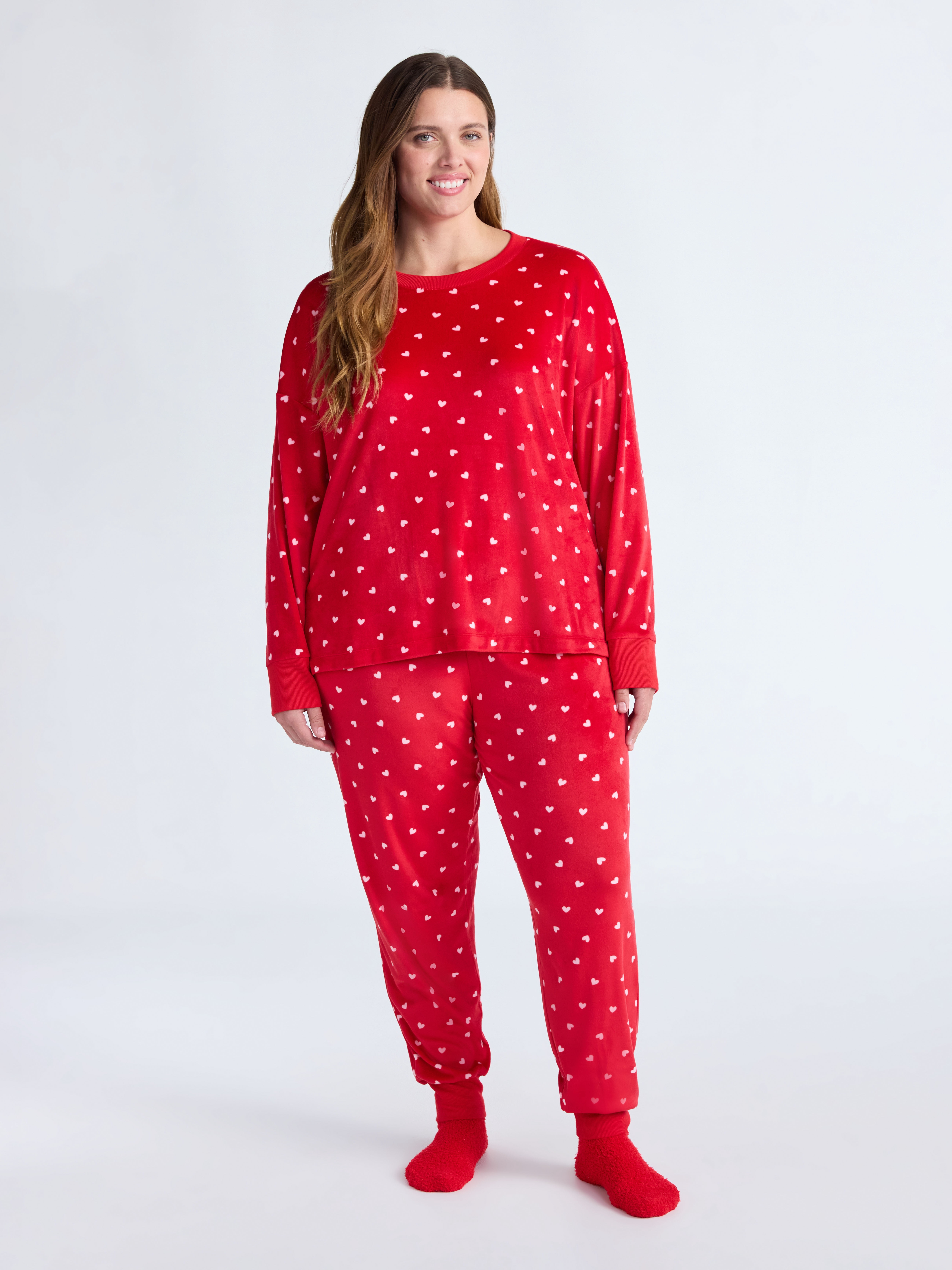 Joyspun Women’s Stretch Velour Long Sleeve Top, Pants, and Socks Pajama Set, 3-Piece, Sizes XS-4X