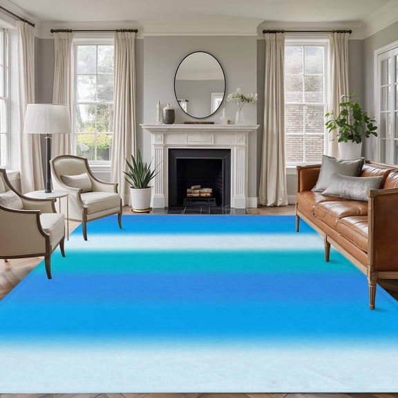 Rectangle Area Rugs 6 x 9 Ft, Blue Teal Ombre Non-Slip Residential Carpet, Color Gradient Farmhouse Striped Indoor Crawling Mats Runner Rugs for Living Room/Dining Room/Bedroom