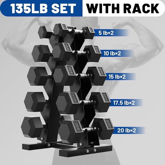 ROALW 135 lb Rubber Hex Dumbbell Set with Rack(5-20 lb Pairs), Home Gym