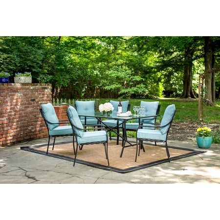 Hanover Lavallette 7-Piece Steel Outdoor Patio Dining Set with Ocean Blue Cushions 6 Dining Chairs and Tempered Glass Rectangular Dining Table LAVDN7PC-BLU