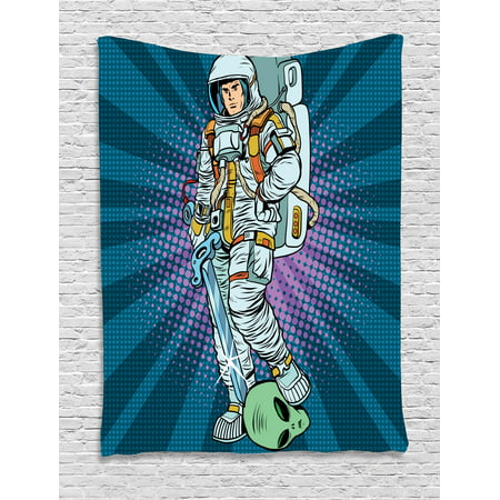 Astronaut Tapestry, Galaxy Figure and Severed Alien Head Masculine Space Era Fighters Design, Wall Hanging for Bedroom Living Room Dorm Decor, Teal and Coconut, by Ambesonne