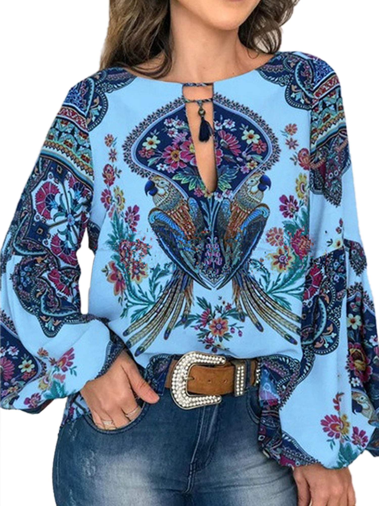 Women's V Neck Long Sleeve Blouses Bohemian Floral Print Casual Loose Vintage Tunic Tops T Shirts Pullover 