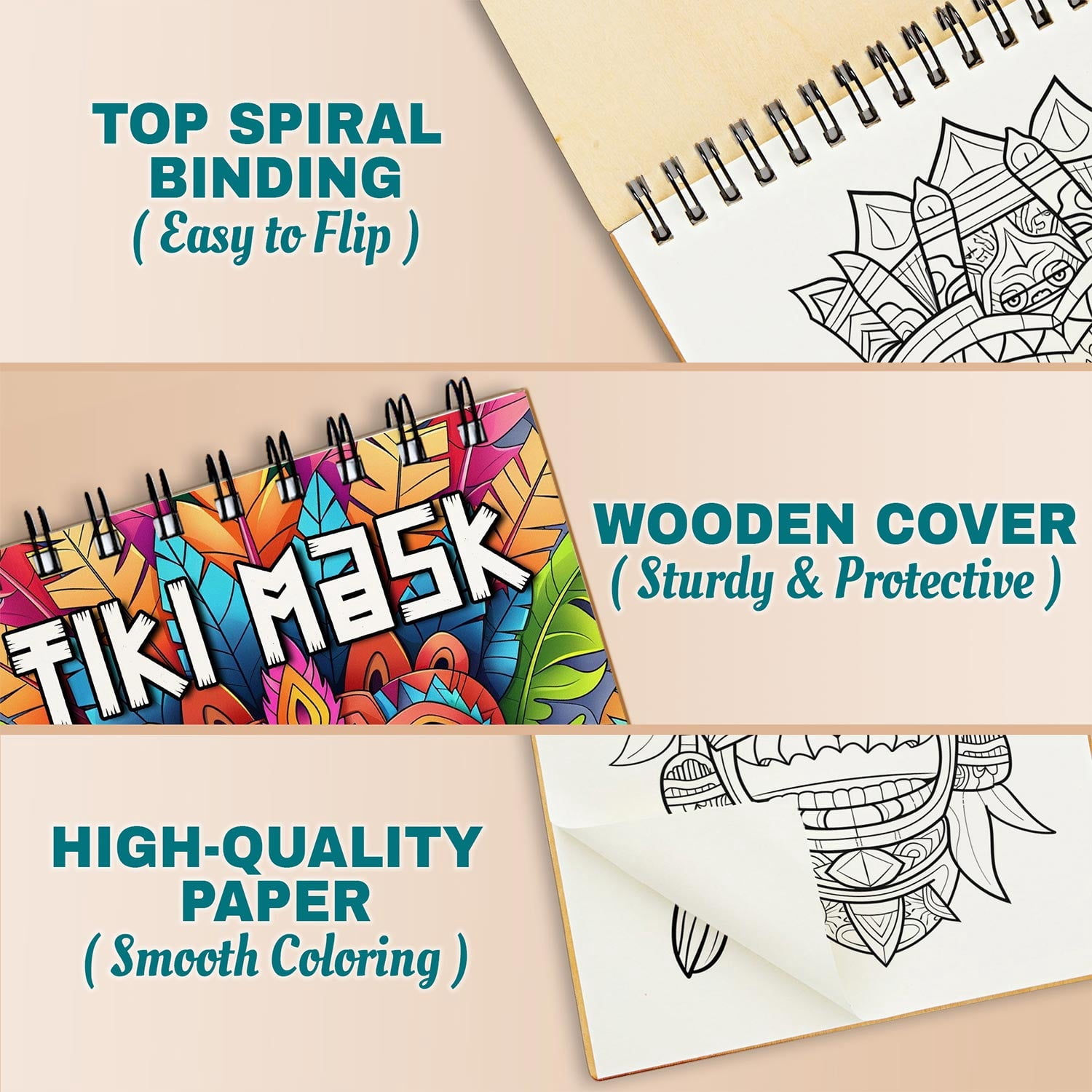 Netecom Tiki Mask Coloring Book Spiral Bound for Adults, A5 Wooden Cover, Spiral Bound, 30 Extraordinary Coloring Pages of Tropical Tiki Mask for Stress Relief and Relaxation