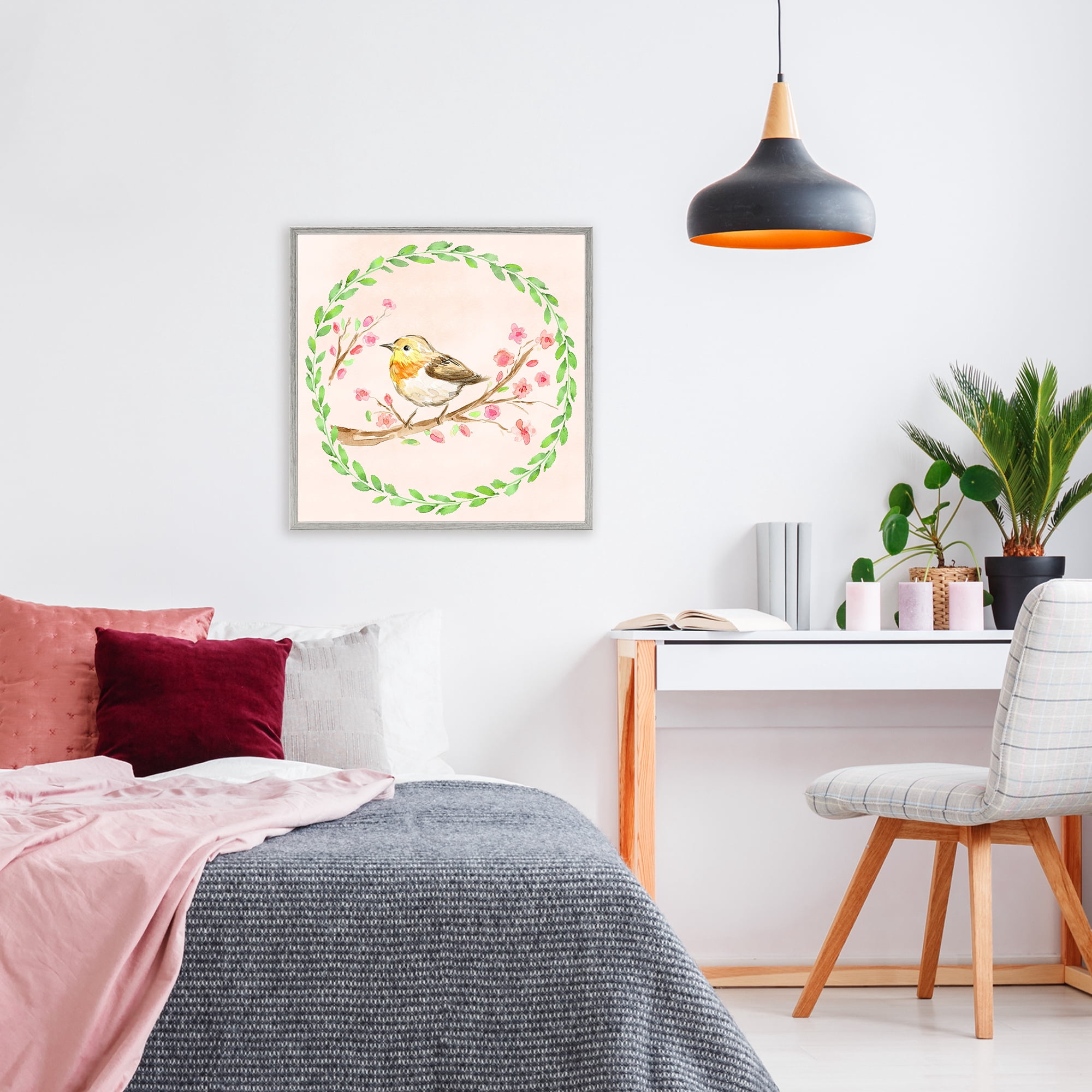 Spring Wreaths Bird Gray Framed Giclee Art, design by Elena Fay