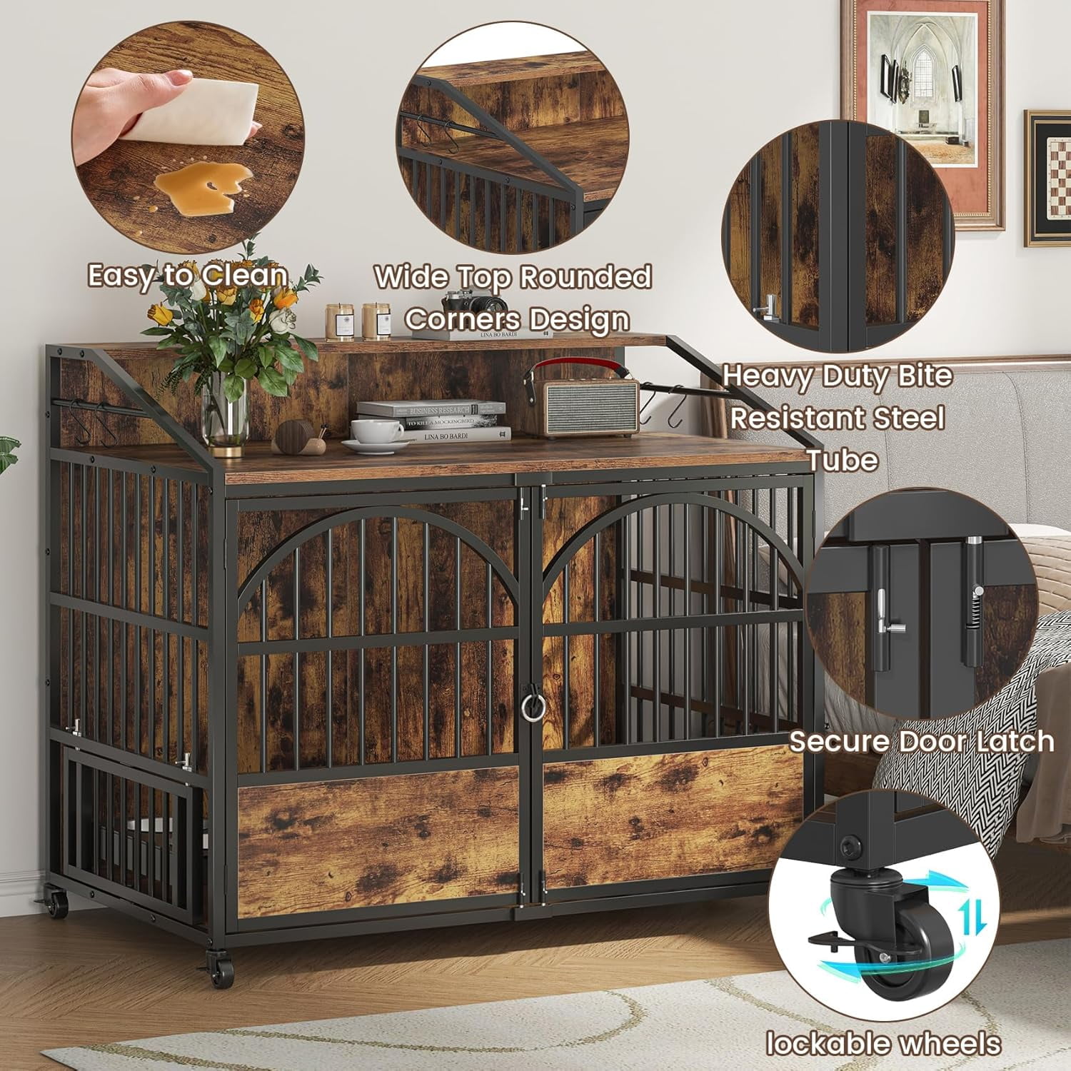 Frmobepts 44 Inch Wooden Dog Crate Furniture,Double-Doors Kennel Indoor with Bowls and Led Light,End Table Dog Crate for Decoration,Brown