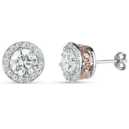 7 mm White Round Swarovski Cubic Zirconia Sterling Silver Two Tone Rhodium And 18kt Rose Gold Plated Halo Filigree Sides Stud Earrings