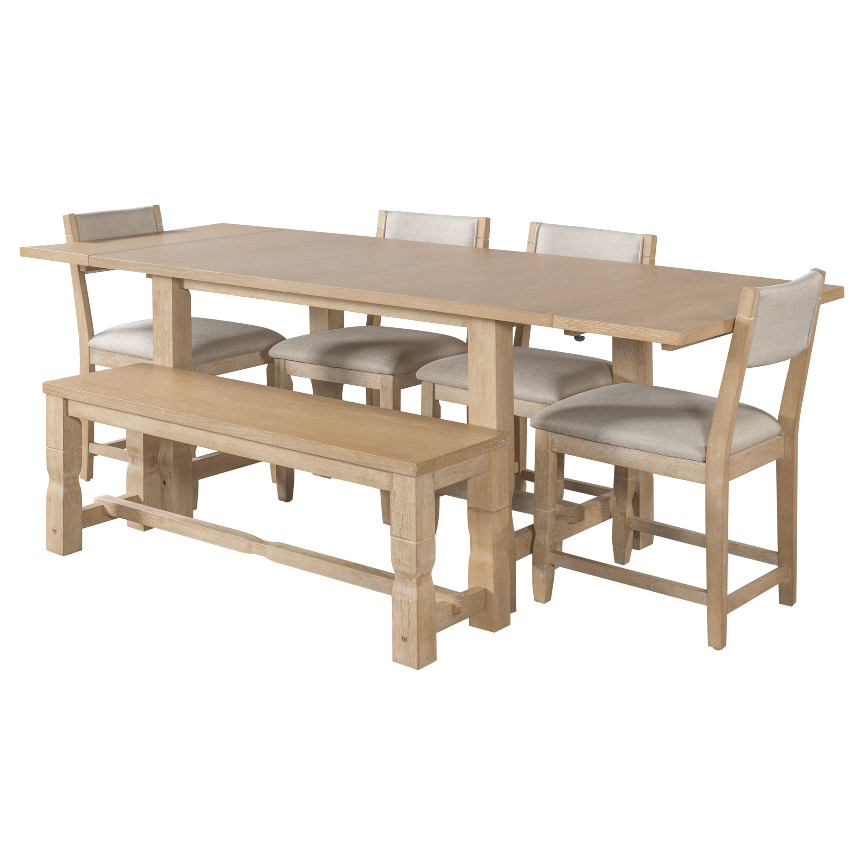 Mintazer 6 Piece Extendable Dining Table Set with 4 Upholstered Dining Chairs & Bench, 84 Inch Rectangular Farmhouse Dinner Table with 2 Removable Leaves for Kitchen Dining Room Apartment, Natural