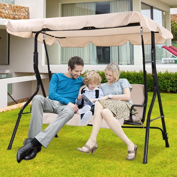 Porch Swings Outdoor Patio Swing Chair, 2/3-Seat Outdoor Canopy Swing, Porch Swing with Removable Cushion Outdoor Furniture Swing for Patio Poolside Backyard(Beige)