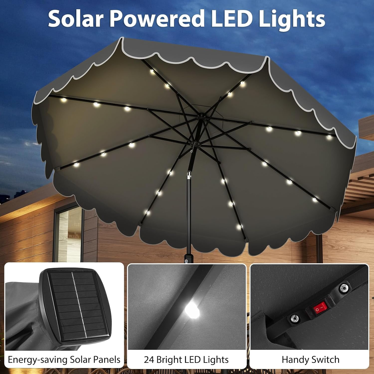 ZYPPP 10FT Solar LED Patio Umbrella, 2-Tiers Scalloped Outdoor Table Market Umbrella with 24 LED Lights, Vented Top, Tilt Adjustment, Crank, 8 Ribs for Backyard Poolside Deck Beach Lawn (Gray)