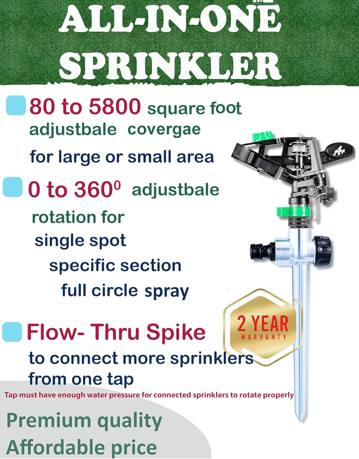Pulsating Impact Sprinklers for Yard, Lawn & Garden, 80 to 5800 Ft. Sq. Adjustable Spray (2Pcs)