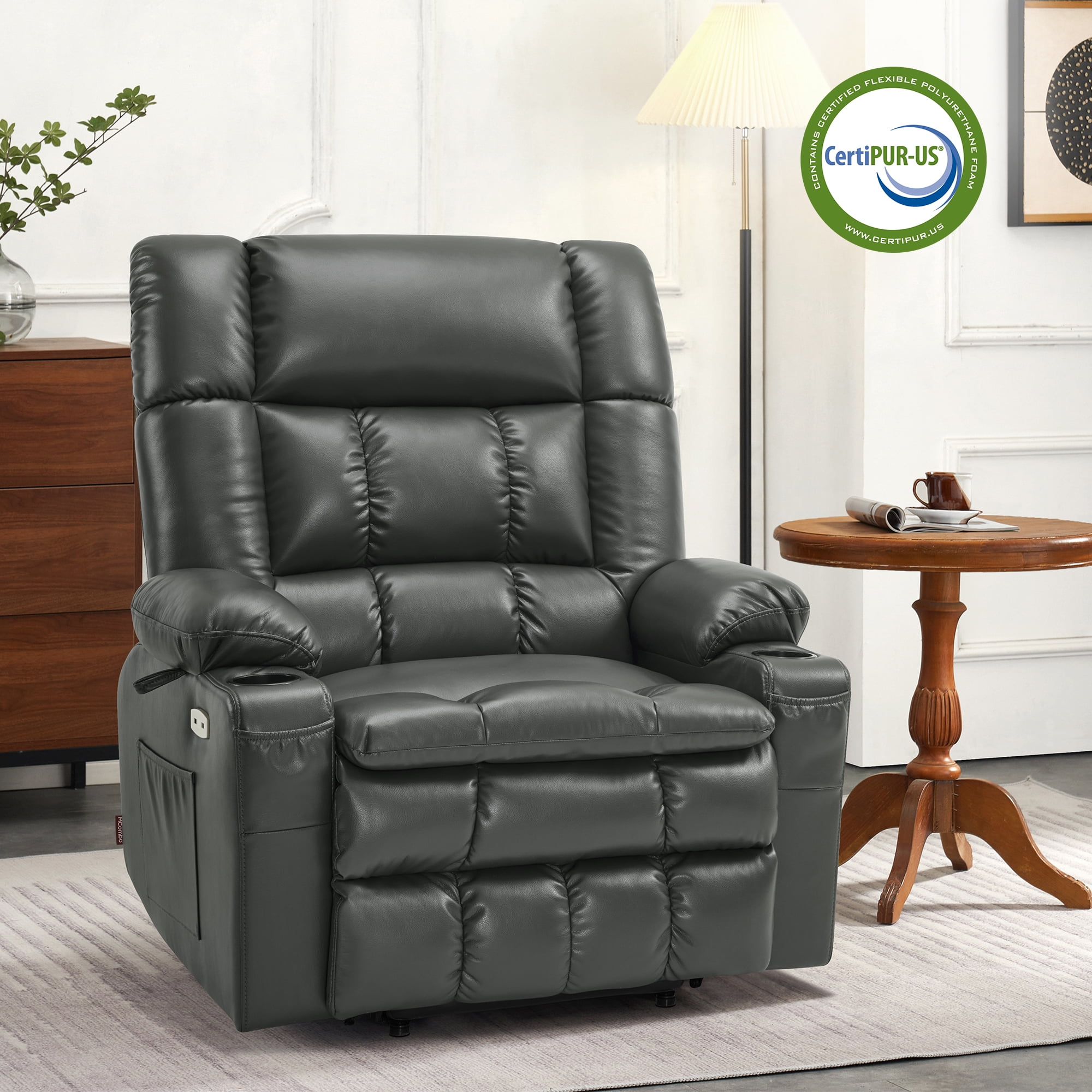 MCombo Large Dual Motor Power Lift Recliner Chair Sofa with Massage and Heat for Big Elderly People, Infinite Position, USB Ports, Faux Leather R7891 (Grey, Large-Wide)