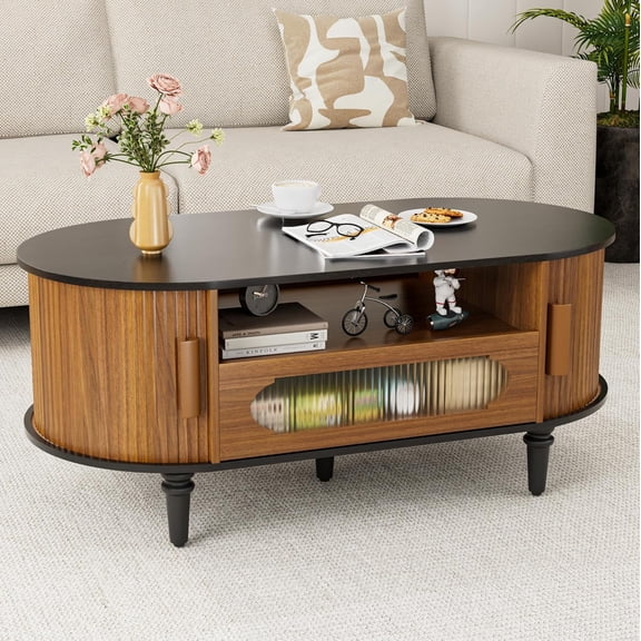 Fluted Round Coffee Table with Storage, Modern Oval Coffee Table with Drawer, Sliding Door, Low Small Center Tables for Living Room, Wooden Boho, Mid Century, Unique, Black and Walnut