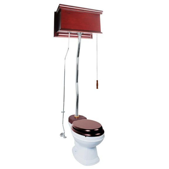 Renovators Supply High Tank Pull Chain Toilet w/Cherry Wooden Flat High Tank 59" to 74" Adjustable Height Chrome Z Pipe and Elongated Toilet Bowl