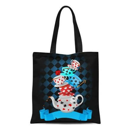 SIDONKU Canvas Tote Bag Hatter Wonderland Mad Tea Party Pyramid Alice Cup Magic Reusable Shoulder Grocery Shopping Bags Handbag