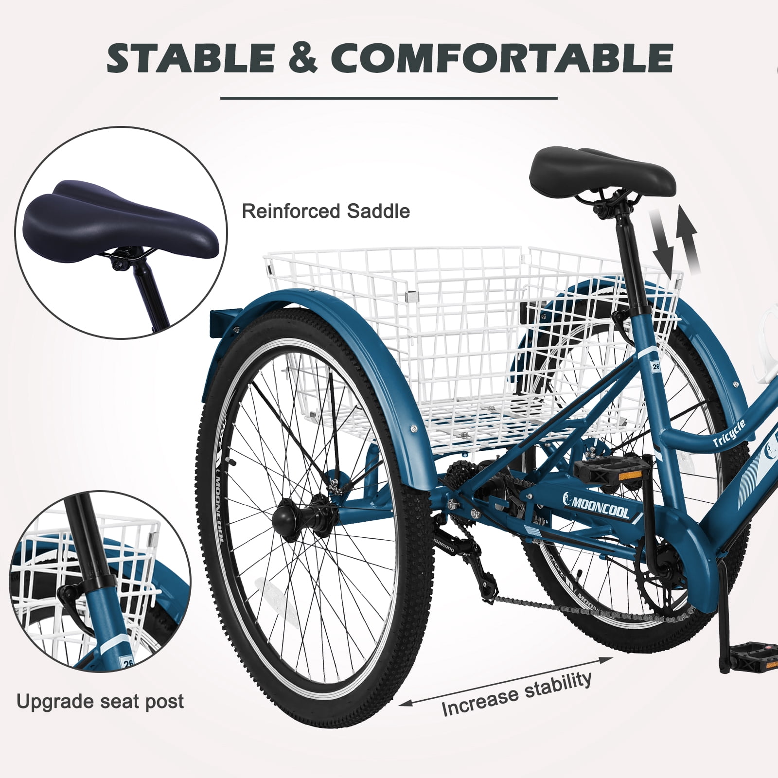 MOPHOTO 26" Adult Mountain Tricycle 7 Speed MTB, Cruiser Trike with Rear Basket, Exercise Men's Women's Tricycles