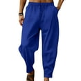 thumbnail image 1 of Tenmix Men's Drawstring Summer Pant Fitted Linen Pants Solid Color Beach Trousers Elastic Waist Bottoms Royal Blue L, 1 of 2