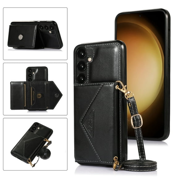 Feishell Crossbody Wallet Phone Case for Samsung Galaxy S25 with Removable Shoulder Strap,for Women Girls,Magnetic Clasp Credit Card Slots PU Leather Kickstand Shockproof Phone Case,Black
