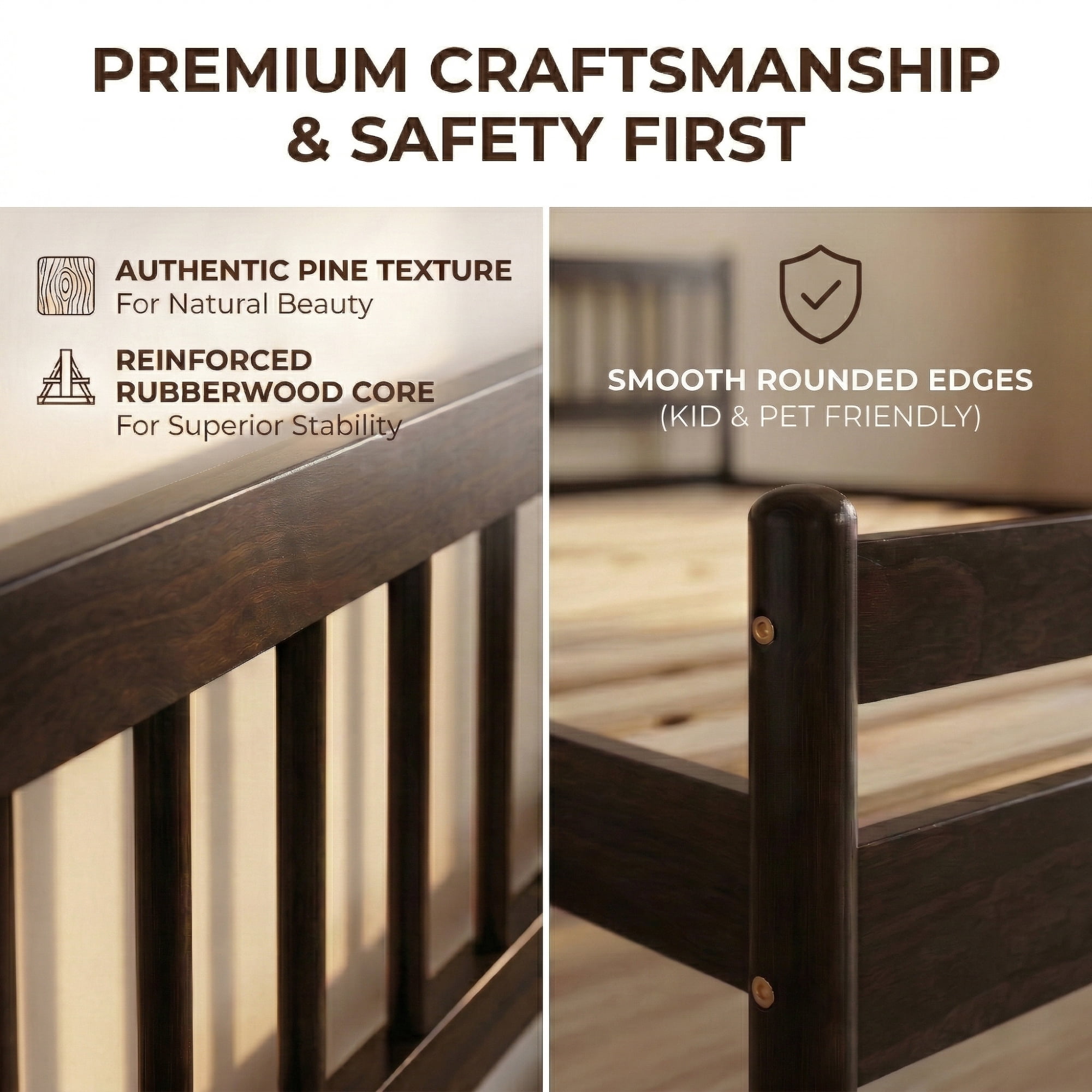 Leumius Traditional Style King Size Bed with Headboard and Footboard, Pinewood Bed with Strengthened Bed Frame for Teens Adults Brown