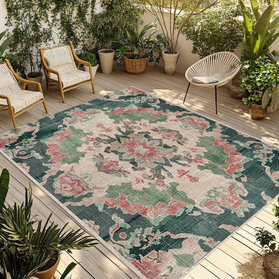 Fsddascl Pink Green Boho Outdoor Rug for Patio/Deck/Porch, Non-Slip Large Area Rug 5 x 8 Ft, Abstract Medieval Vintage Ethnic Floral Indoor Outdoor Rugs Washable Area Rugs, Camping Rug Carpet Runner