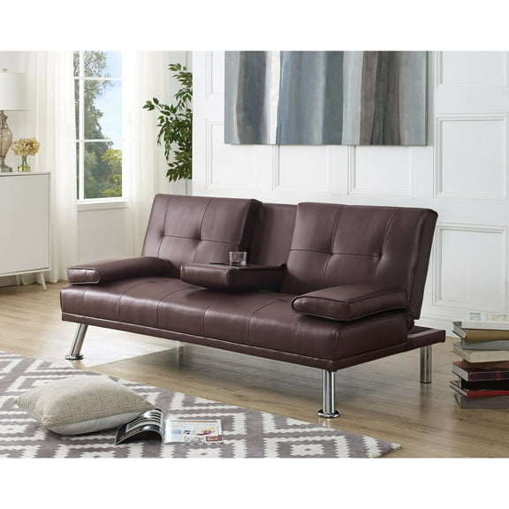 Futon Sofa with Armrest and Cupholders by Naomi Home-Color:Espresso,Fabric:Faux Leather