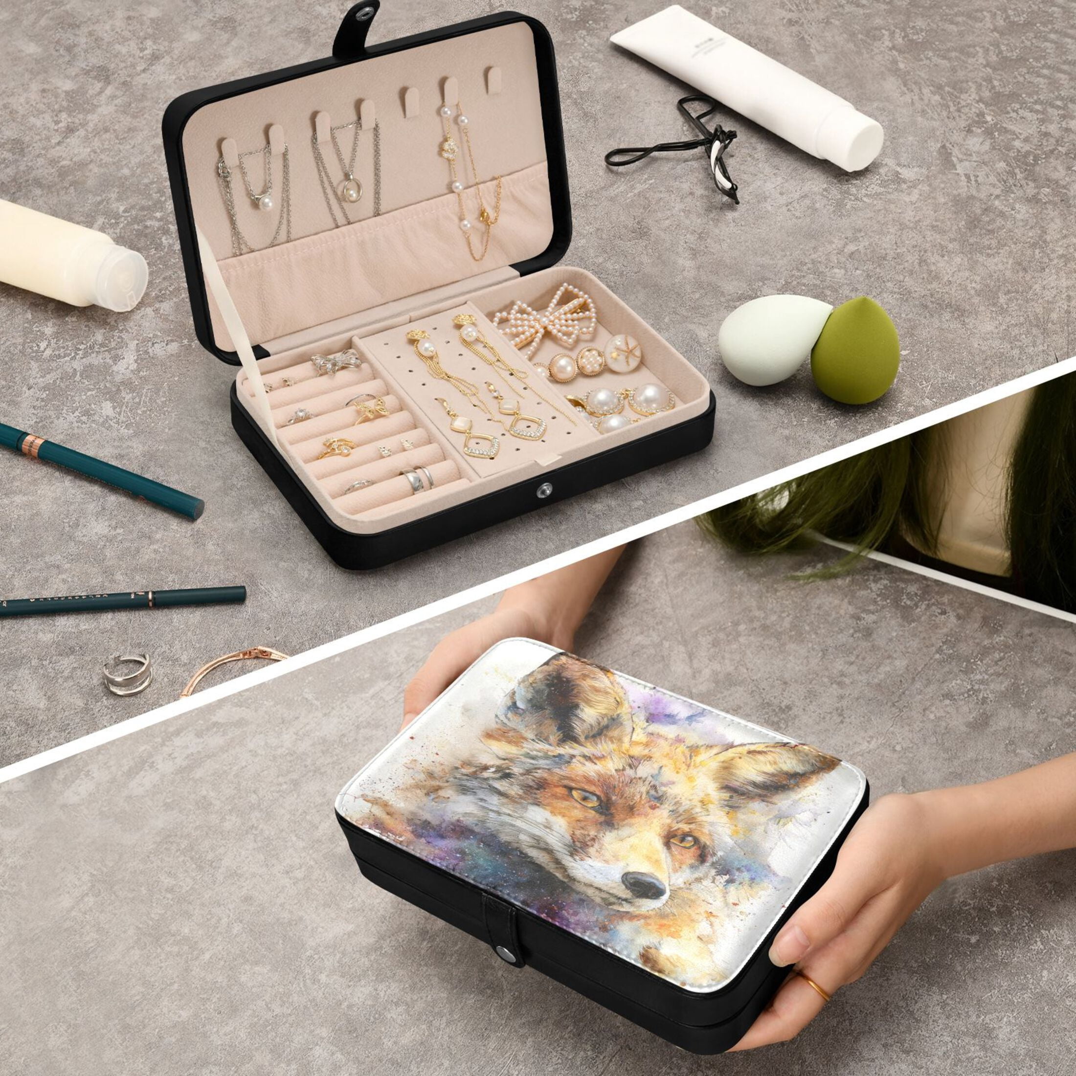Leather Jewelry Box Rectangular 8.27x5.5x1.78In Travel Jewelry Storage Earrings Necklace Bracelet Watch Brooch Storage Watercolor Fox