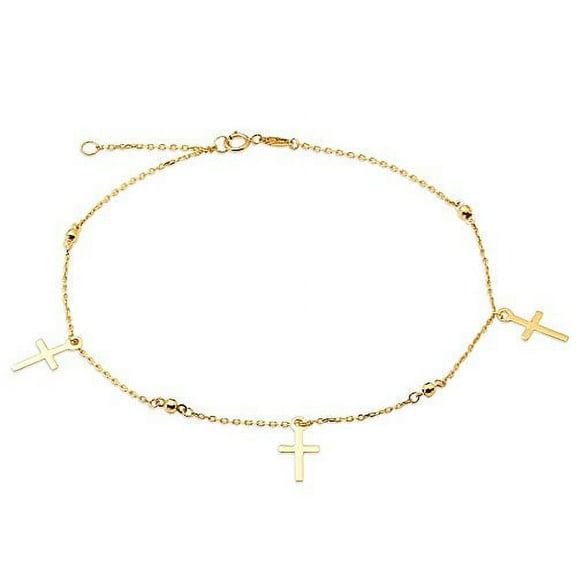 LOVEBLING 10K Yellow Gold .50mm Diamond Cut Rolo Chain with 3 Cross pendants Anklet Adjustable 9" to 10" (#14)