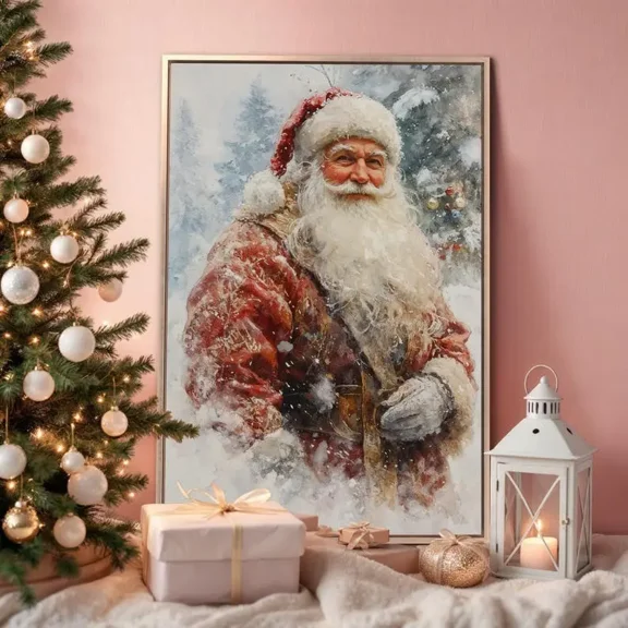 Festive Santa Claus Portrait Wall Art Poster, Winter Holiday Painting Print Xmas Wall Decor Father Christmas Poster, Unframe
