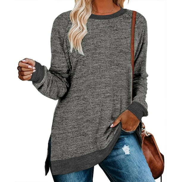 Blusa Manga Larga Bloqueo de Color Cuello Redondo Abertura Lateral Tops Básicos Cómodos para Mujer